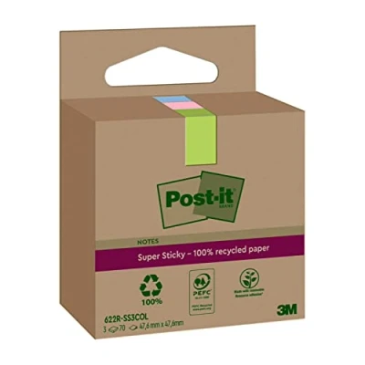 Abbildung von Post it Super Sticky 100 % Recycling Notes, 3 Blöcke, 70 Blätter pro Block, 47.6 mm x mm, Pink, Grün, Blau Extra starke Haftnotizen aus Recyclingpapier