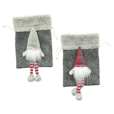 Abbildung von FRANK FLECHTWAREN Geschenkbeutel Wichtel, 2er Set, Filz, Teddystoff, eingearbeitetes Zugband, 100% Polyester, Maße: 14 x 18 cm