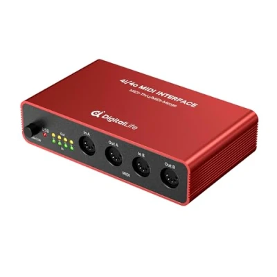Abbildung von DigitalLife Quad I/O 5 PIN DIN MIDI Interface Thru Box (4 In/4 Out) &amp; Merge (2 Out), 8 x LED Anzeigen, Metall