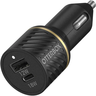 Abbildung von OtterBox Dual Port Auto Schnellladegerät 30W, USB A 12W + C PD 18W, Autoladegerät für Smartphone und Tablet, Sturzgeschützt Robust, Schwarz