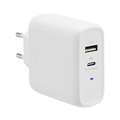 Abbildung von Amazon Basics GaN Wandladegerät mit 2 Anschlüsse, 63 W, 1 USB C Port 45 W und A 18 für Laptops, Tablets Handys Stromversorgung, Weiß (Nicht PPS), 6,6 x 2,94 6,24 cm