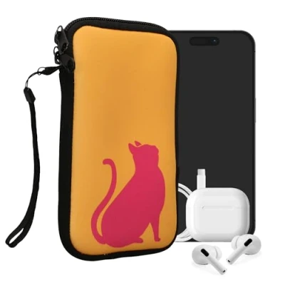 Abbildung von kwmobile Handytasche für Smartphones L 6,5&quot; Neopren Handy Tasche Hülle Cover Case Schutzhülle Umriss Katze Pink Honiggelb 16,5 x 8,9 cm Innenmaße
