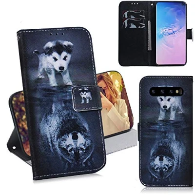 Abbildung von DodoBuy Samsung Galaxy S10 Hülle Flip PU Leder Schutzhülle Handy Tasche Case Cover Wallet Standfunktion mit Kartenfächer Magnetverschluss für Hund Wolf