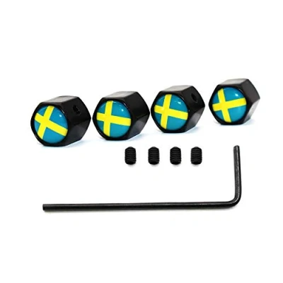 Abbildung von 5 Teile/Satz Zink Legierung diebstahl Schweden Nationalflagge Reifen Ventilkappe Rad Stem Luftventilkappen für Auto Autos (Schwarz)