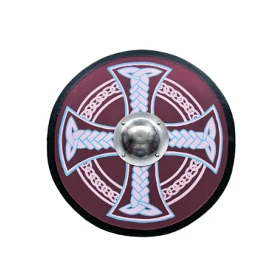Abbildung von Battle Merchant Rundschild mit Keltenkreuz Motiv handbemalter Wikingerschild aus Holz 61cm (24 Zoll) Wikinger Mittelalter Schild für Erwachsene