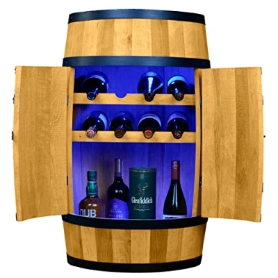 Abbildung von CREATIVE COOPER Weinregal Holz mit Tür LED RGB Weinliegen Alkoholschrank Flaschenregal Holzfass Fassmöbel Weinfass Weinbar Fass bar 80 cm Eiche