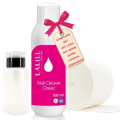 Abbildung von LALILL Nagel Cleaner 500ml Set Entfetter mit Wattepads und Pumpflasche Dispenser Pumpspender 200ml, 500 x Zelletten Pads aus Baumwolle, Nagelentfetter für Gelnägel, Hybride Pinsel