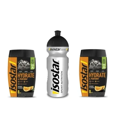 Abbildung von Isostar Hydrate &amp; Perform Iso Drink 400 g isotonisches Getränkepulver Elektrolyt Pulver zur Unterstützung der sportlichen Leistungsfähigkeit 2 x Orange + 0,5 Liter Flasche
