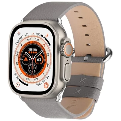 Abbildung von Fullmosa kompatibel mit Apple Watch 9 8 7 Armband 45mm, SE Series 6/5/4 44mm,Series 3/2/1 42mm, Ultra2/Ultra 49mm, Leder Ersatzarmband für iwatch Band, Grau
