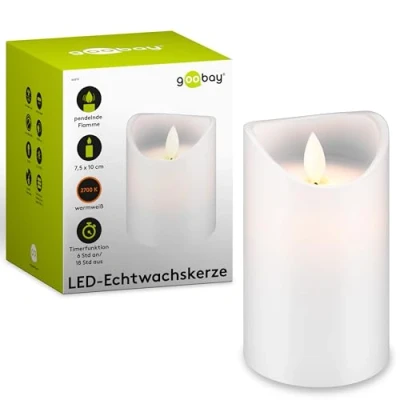Abbildung von Goobay 66519 LED Kerze mit Timerfunktion / Warmes Licht Stumpenkerze Echtwachskerzen flackernde Flamme Elektrische Kerzen Adventskerzen 10 cm hoch Weiß