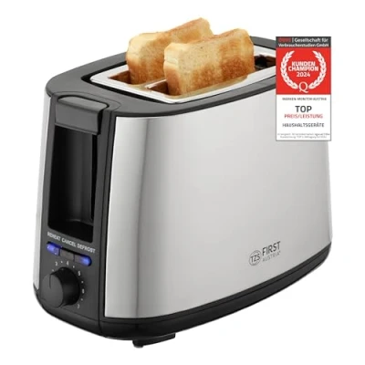 Abbildung von TZS FIRST AUSTRIA Toaster 2 Scheiben, Selbstzentrierfunktion, 7 Bräunungsstufen, 650 750W, für, Auftau und Aufwärmfunktion, Brötchenwärmer, Schwarz/Edelstahl