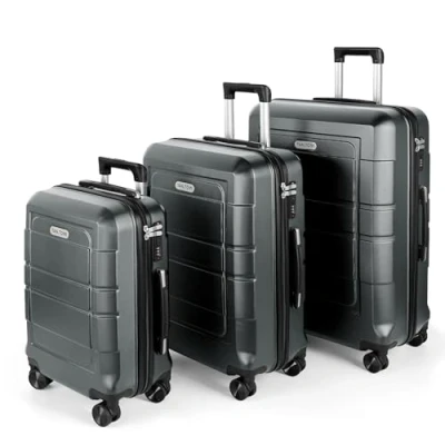 Abbildung von TANTOMI Kofferset 3 Teilig Hartschale aus ABS+PC Reisekoffer mit 4 Drehbaren Rollen (360), Trolleys Aluminium Teleskopstange und Stelige Zahlenschloss (Gepäck Sets, Dunkelgrau)