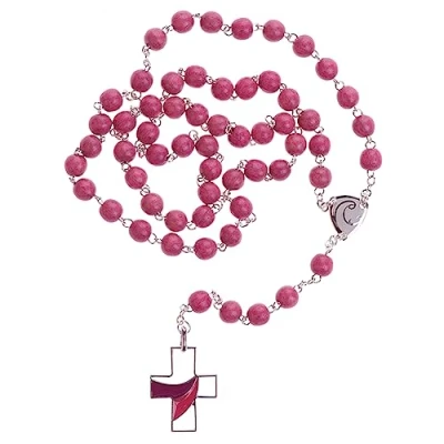 Abbildung von Fritz Cox Holz Rosenkranz mit rosa Perlen Versilbertes Kreuz Emaille christliches Geschenk des Glaubens ca. 45cm