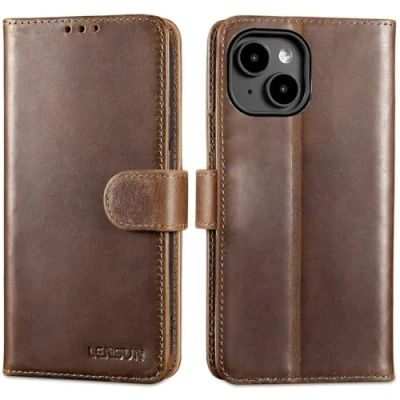 Abbildung von LENSUN Lederhülle für iPhone 15, Echtleder Hülle Premium Echtes Leder Handyhülle [Magnetverschluss][RFID Schutz] Handytasche Klapphülle 15 5G Vintage Dunkelbraun
