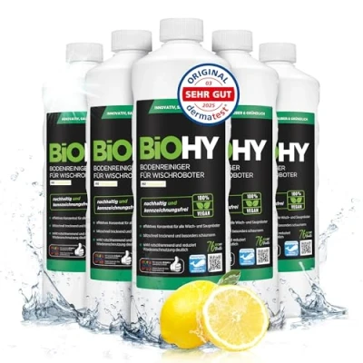 Abbildung von BiOHY Bodenreiniger für Wischroboter (6 x 1 Liter) Reinigungsmittel Konzentrat alle Wisch &amp; Saugroboter mit Nass Funktion Schaumarm Streifenfrei Nachhaltiges 1:200