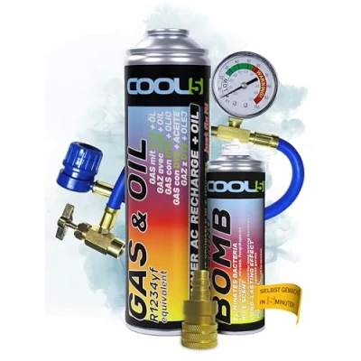Abbildung von COOL5 2in1 r1234yf kältemittel nachfüllset mit Öl, für Klimaanlagenbefüllung Fahrzeuge nach 2016 + Messschlauch Refresher Bombe Adapter Universalreiniger 500ml