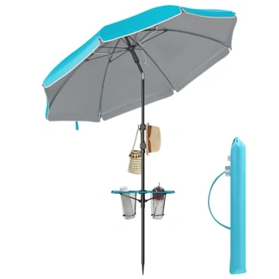 Abbildung von SONGMICS Sonnenschirm 200 cm, Strandschirm, Sonnenschutz UPF 50+, beidseitig um 30 knickbar, höhenverstellbar, Ablagefläche, Haken, für Strand, Garten, ohne Ständer, blau GPU0082Q01