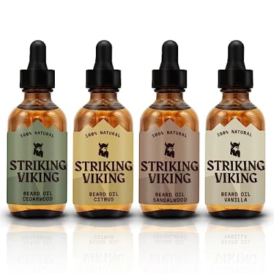 Abbildung von Striking Viking Bartöl 4er Pack Weichmachendes &amp; pflegendes für Männer Zitrus Vanille Sandelholz Zedernholz Düfte Angereichert mit Argan Jojobaöl Duftendes Bart Set