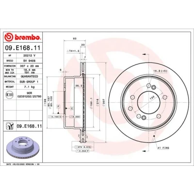 Abbildung von BREMBO 09.E168.11 Bremsscheibe 307 20 5 innenbelüftet beschichtet SSANGYONG: Rodius 2, I
