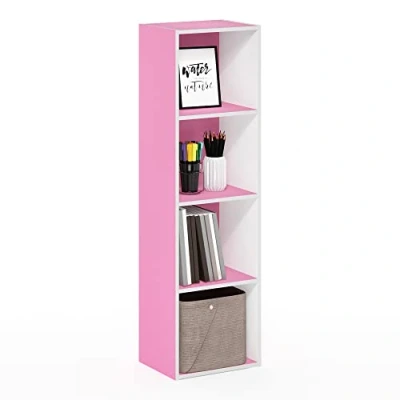 Abbildung von Furinno Pasir 4 stufiges Bücherregal mit offenem Regal, Rosa/Weiß