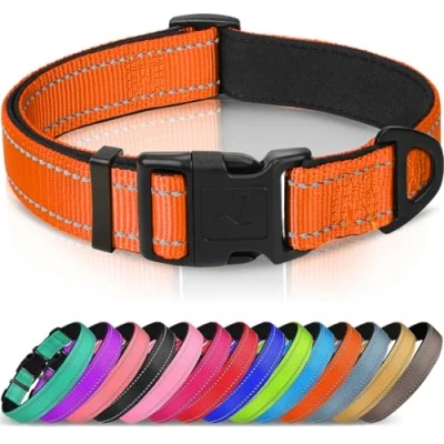 Abbildung von Joytale Halsband Hund, Gepolstertes Hundehalsband Breit aus Neopren Nylon Verstellbar für Große Hunde, Weich und Reflektierend Hundehalsbänder, L, Orange