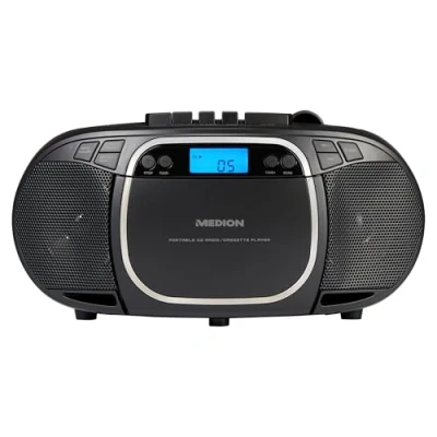 Abbildung von MEDION E66476 Stereo Sound System (Boombox, CD Player, MP3, Kassette, tragbarer Kassettenspieler für Kinder, UKW Radio, AUX, Kopfhörer, Netz &amp; Batterie) schwarz