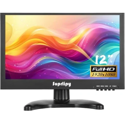 Abbildung von Suprlipy Mini HDMI Monitor 12 Zoll 1920x1080 16:9 IPS Metallgehäuse LCD Display Unterstützung HDMI/VGA/AV/BNC Eingang mit Fernbedienung Eingebaute Lautsprecher für Kamera