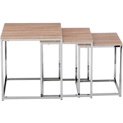 Abbildung von HAKU Möbel Beistelltisch 3er Set Chrom, Eiche hell, MDF, Metall Maße: B 29/34/39 cm x H 36/39/42 T cm, Style: Modern