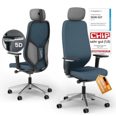 Abbildung von Ergotopia Bürostuhl MasterBack ergonomischer Schreibtischstuhl mit Kopfstütze, 5D Armlehnen, 3D Neigungsmechanik, Synchronmechanik