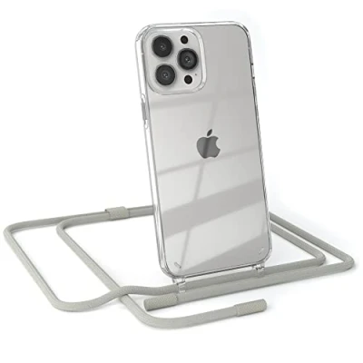 Abbildung von EAZY CASE kombinierbare Handyketten kompatibel mit iPhone 13 Pro Max, Transparente Silikon Hülle rundem Umhängeband, abnehmbar durch abschraubbare Endstücke, Schultergurt, Taupe