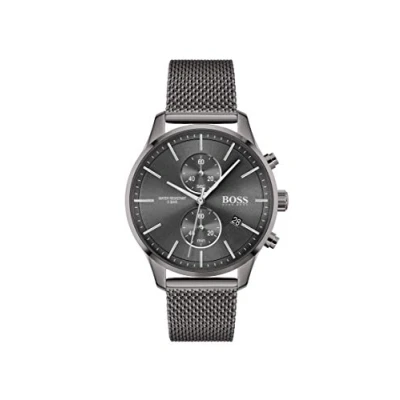 Abbildung von BOSS Chronograph Quarz Uhr für Herren mit Graues Edelstahl Mesh Gliederarmband 1513870