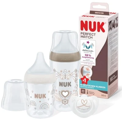 Abbildung von NUK Perfect Match Starter Set Ab 0 Monate Passt sich dem Baby an 2 Anti Colic Babyflaschen, Schnuller BPA frei