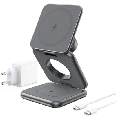 Abbildung von KU XIU X40 3 in 1 Induktive Ladestation Kabelloses Ladegerät mit Mag Safe, Faltbares Reiseladegerät Kompatibel iPhone 16/15/14/13/12, Apple Watch 10/9/8/7/Ultra/SE und AirPods 4/3/2 Pro Grau