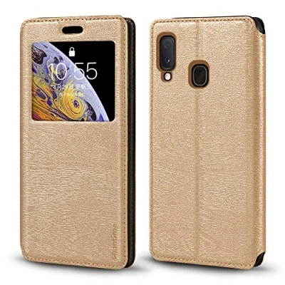 Abbildung von Schutzhülle für Samsung Galaxy A20E, Holzmaserung, Leder, mit Kartenhalter und Fenster, Magnetverschluss, A20E (Gold)