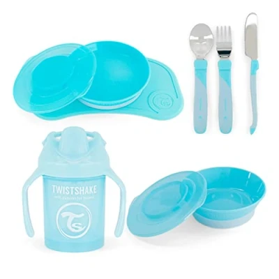 Abbildung von Twistshake Babygeschirr Set 4 teilig 1x Baby Tischset 1 Babyteller Babynapf 3 Edelstahlbesteck Trinkbecher 6 Monate + Geschirrset Geschirr für die Babyentwöhnung Hellblau