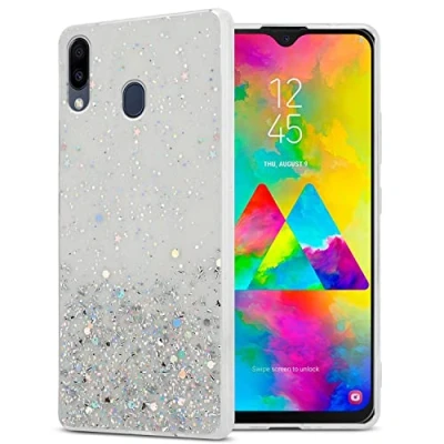 Abbildung von Cadorabo Hülle kompatibel mit Samsung Galaxy M20 Rundumschutz TPU Silikon Case Mädchen Glitzer Strass Design Slim Kratzfest Weiche Gummi Bling Schutzhülle für in Transparent