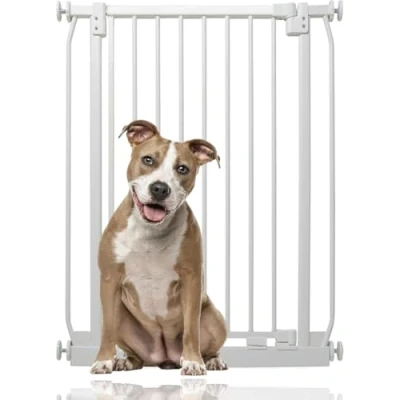 Abbildung von Bettacare Extra Tall Elite Hundegitter, 65.5cm 74.5cm, Mattweiß, hohe 96.8cm Höhe, Schmales Druckbefestigtes Haustiergitter für Hunde und Welpen, Haustier Hundesperre