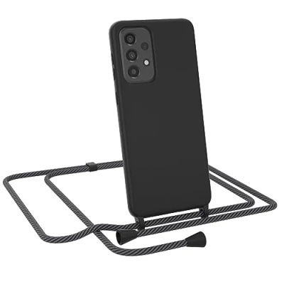 Abbildung von EAZY CASE Premium Silikon Handykette kompatibel mit Samsung Galaxy A33 5G Handyhülle Kette und Kameraschutz, weich TPU Hülle in Schwarz Kordel Anthrazit Clips Black