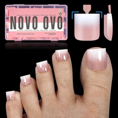 Abbildung von NOVO OVO Ombre French Tip zum Aufdrücken von Zehennägeln, scharfe, quadratische, vorgefertigte Verlängerung aus weichem Gel für künstliche Zehennägel, BABY PINK 15 Größen, 240 Stück