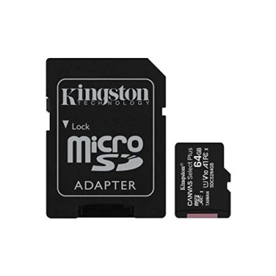 Abbildung von Kingston 64 GB microSDHC Canvas Select Plus 100 MB/s Lesegeschwindigkeit A1 Klasse 10 UHS I frustfreie Verpackung Speicherkarte + Adapter (SDCS2/64GBET)
