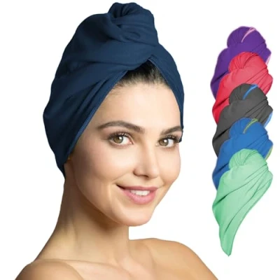 Abbildung von Fit Flip Haarturban Mikrofaser 1 Stück Haarhandtuch mit Knopf schnelltrocknend und saugstark Microfaser Kopf Turban Haar Handtuch (Marineblau)