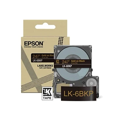 Abbildung von Epson Etikettenkassette, Metallicband LK 6BKP gold auf schwarz, langlebiges Beschriftungsband für LabelWorks Etikettendrucker, wasser &amp; verschleißfest, 9 m x 24 mm, Klein