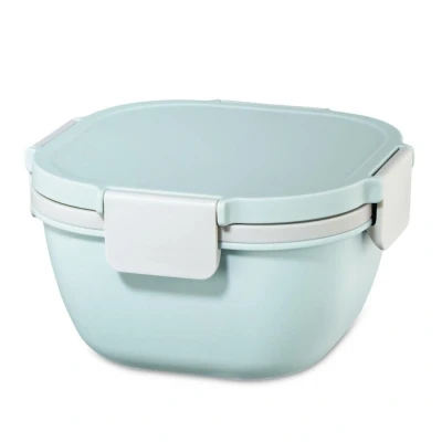 Abbildung von Xavax Salatbox to go (Salatschüssel zum Mitnehmen, Salatbecher mit Dressingbehälter u. 3 Fächer im Topper, für Mikrowelle, Salatbehälter Besteck, Deckel Clip Verschluss, 1400 ml) pastellblau