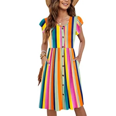 Abbildung von MOLERANI Sommerkleid Damen Knielang Rüschen Ärmel V Ausschnitt Casual Swing Elastische Taille Midi Kleid mit Taschen Regenbogen Streifen L