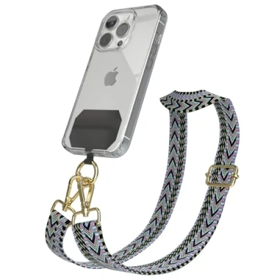 Abbildung von EAZY CASE Handykette Universal zum Umhängen kompatibel mit jedem Handy Kette Hülle kombinierbar Handykordel Karabiner für Handyhülle Handyband Bunt Boho Kordel Lila Grün Gold