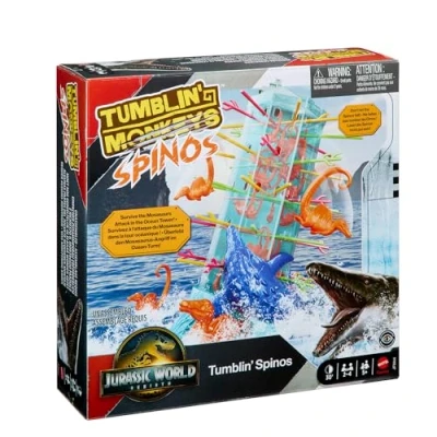 Abbildung von Mattel Games S.O.S. AffenalarmJurassic World: Die Wiedergeburt Spiel für Kinder und Familie mit Ozean Turm vom Film inspirierten Spinosaurus Figuren., JFW44