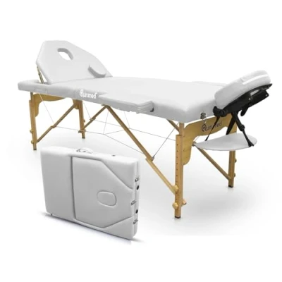Abbildung von QUIRUMED Elite Klapp Massageliege aus Holz, weiß, 194 x 70 cm, Kunstleder, tragbar, klappbare Rückenlehne, Abnehmbarer Kopf, Gesichtsloch, höhenverstellbar, bis 150 kg