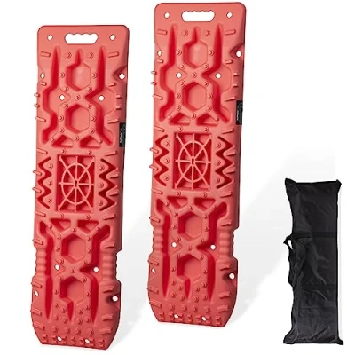 Abbildung von BullPower Offroad Sandbleche Kunststoff Anfahrhilfen Schlamm Sand Schnee Recovery Board 10T Reifenleiter Traktionsmatte Gripmatte PKW LKW SUV Geländewagen 10.000 kg mit Aufbewahrungstasche (rot)