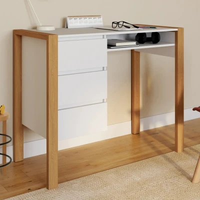 Abbildung von Skandinavischer Schreibtisch in Weiß und Holz mit 3 Schubladen Nische IDMarket