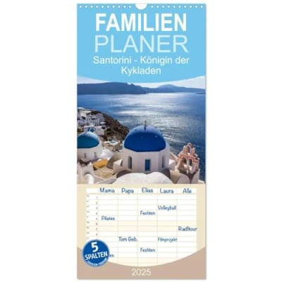 Abbildung von Familienplaner 2025 Santorini Königin der Kykladen mit 5 Spalten (Wandkalender, 21 cm x 45 cm), CALVENDO